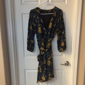J. Crew Black Wrap Dress with Yellow Floral Print